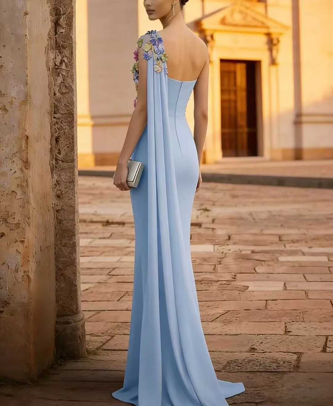 High Quality Customized One Shoulder Flowers Floor Length Blue Flowers Sleeveless Colorful Elegant Dress Women for Wedding Party