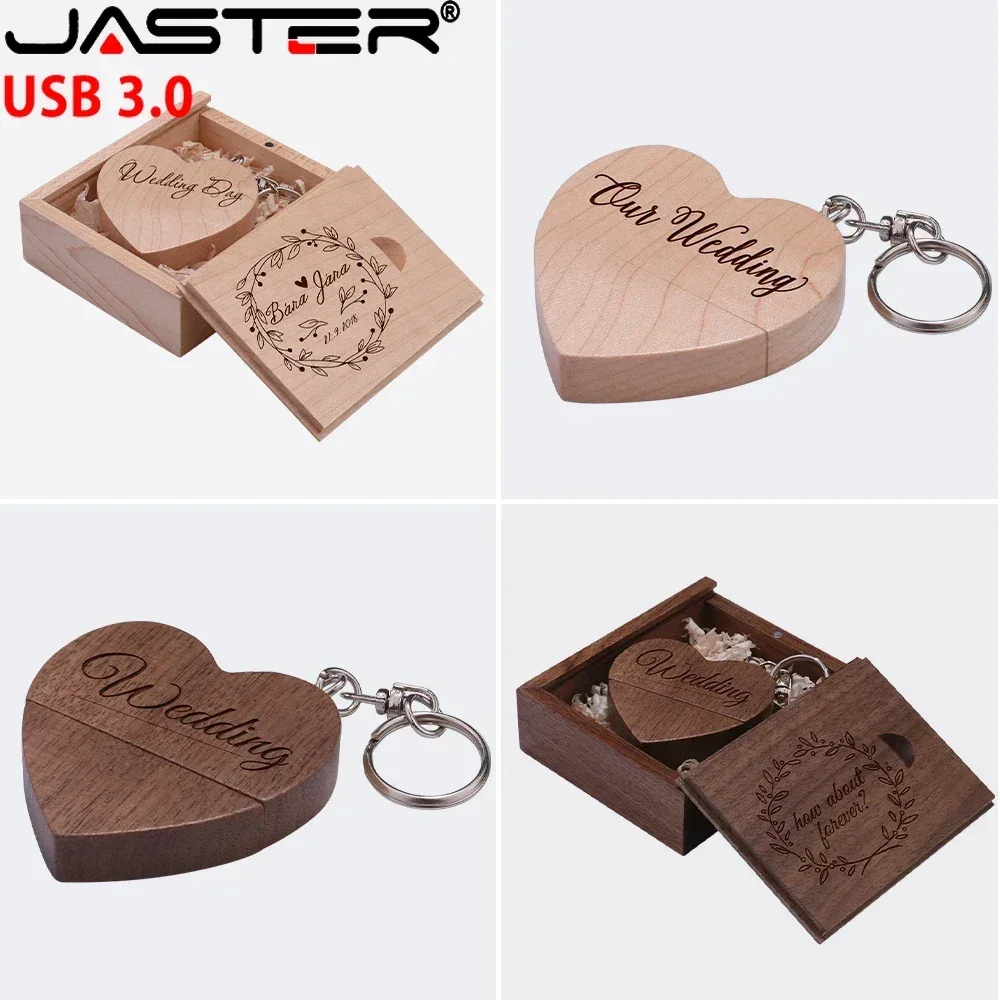 JASTER 10 unids/lote de unidades Flash USB 3,0 con corazón de madera, 128GB, llavero con logotipo personalizado gratis, unidad de bolígrafo 64GB 32GB, regalo de negocios, memoria USB