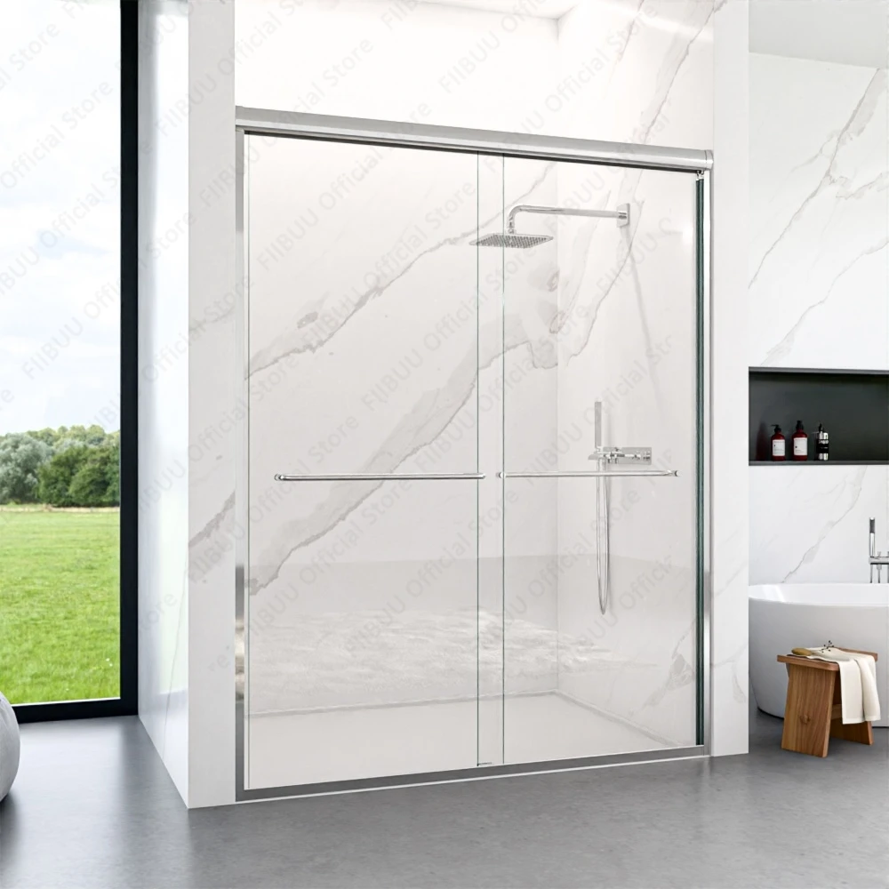Double Sliding Bypass Sliding Shower Door with Tempered Glass Smooth Rollers Waterproof for Bathroom Semi-Frameless Enclosure