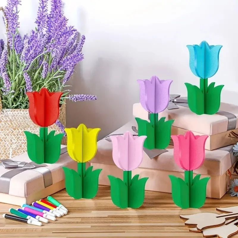 

6 шт. деревянный цветочный декор, весеннее украшение стола, деревенский тюльпан, ромашка, центральные знаки, многоуровневый поднос с цветочным принтом на День матери