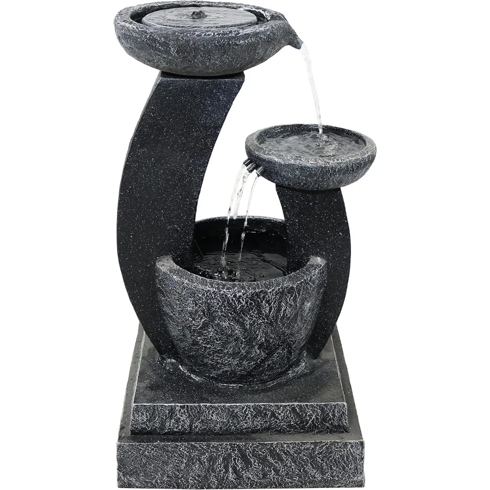 Modern Cascading Bowls 28-Inch Solar Water Fountain with Battery Backup and LED Lights - Submersible Pump