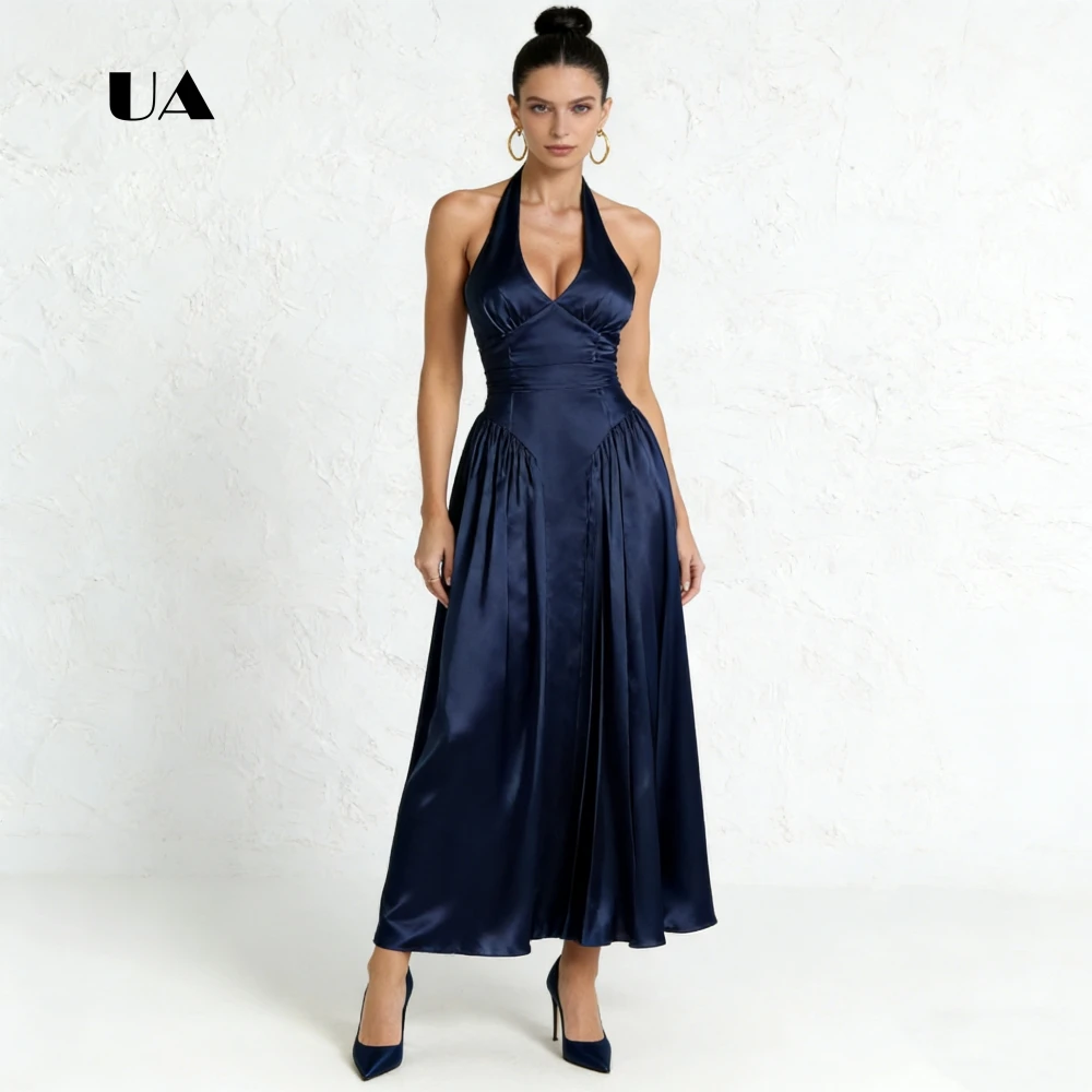 ULBYANRY Satin-Fit-and-Flare-Abschlussballkleid mit Neckholder, solides ärmelloses drapiertes Abendkleid für Damen, individuelles Partykleid