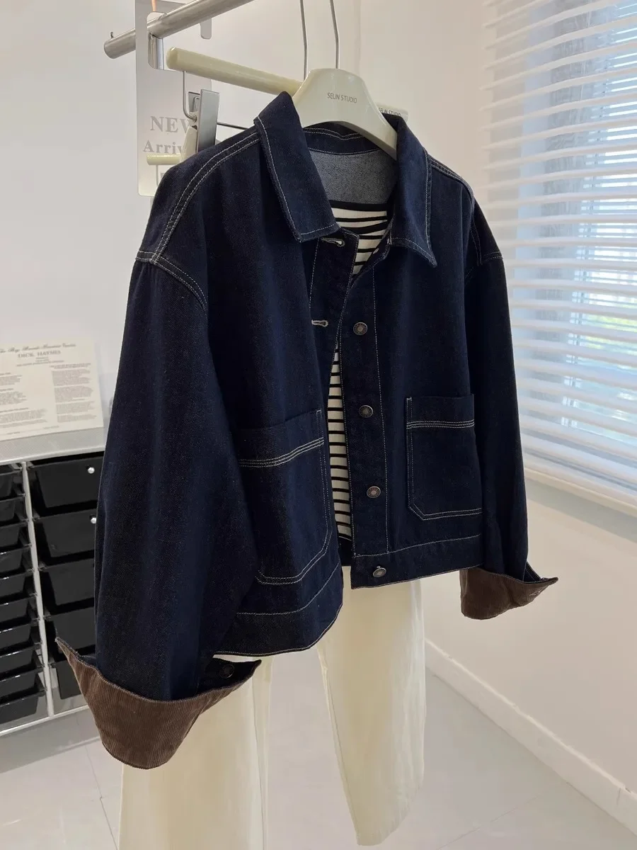 

Осень 2024, новая темно-синяя свободная женская джинсовая куртка с длинными рукавами, нейтральное верхнее пальто в стиле BF, повседневная модная верхняя одежда