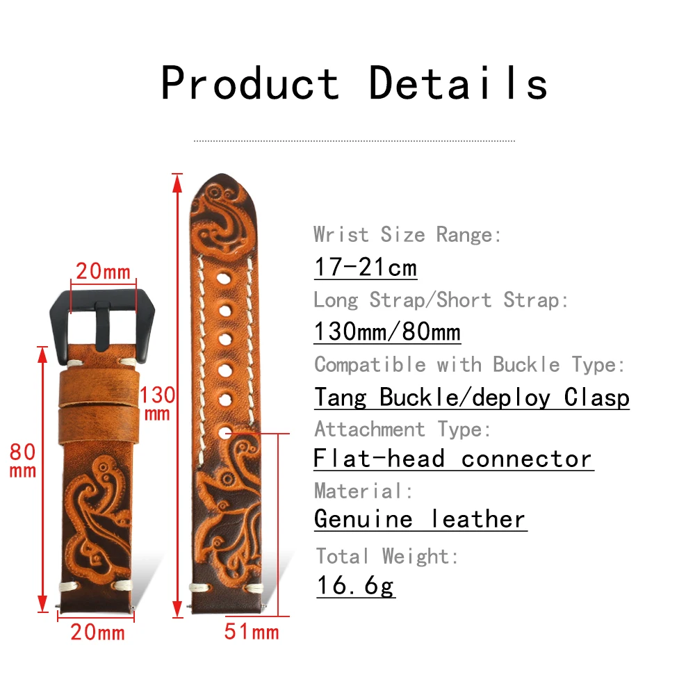 Vintage Carving Men Watch Strap Handmade Stitched Embossed Leather Watchband  Black Buckle for Panerai 18mm 20mm 22mm 24mm