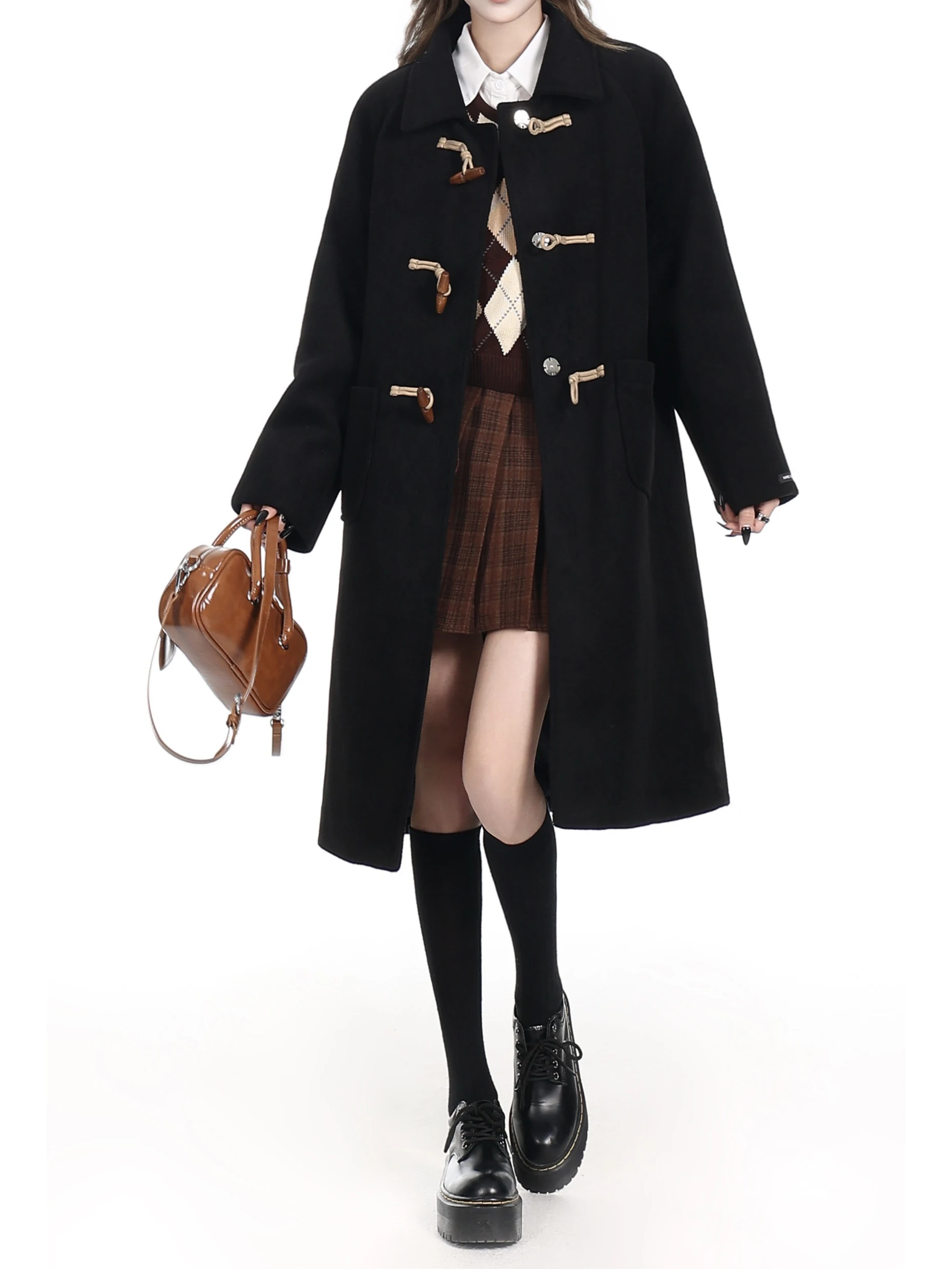 

Женское шерстяное пальто свободного кроя в корейском стиле, зимнее, модное, маленького размера, на пуговицах, с длинными рукавами и воротником