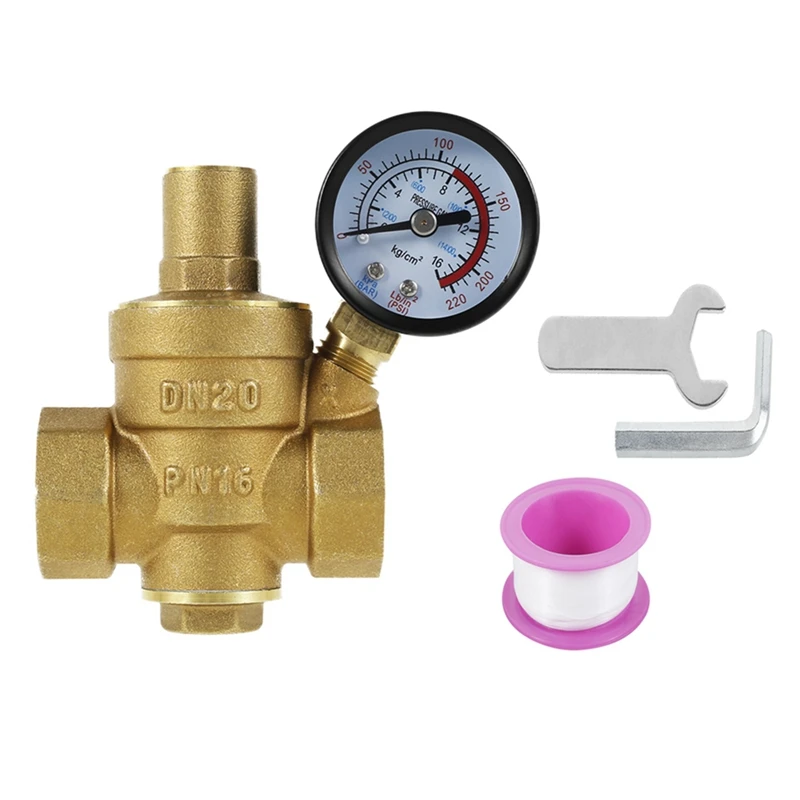 3/4Inch DN20 Brass Water Pressure Regulator Valve Water Pressure Reducer Regulator Adjustable Relief Valve Gauge