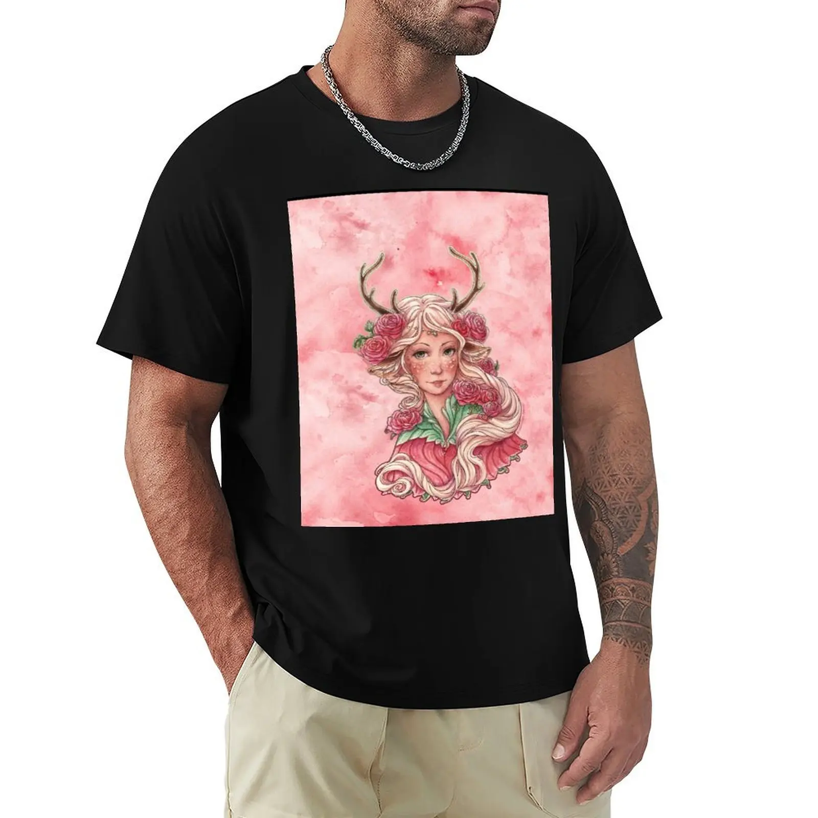 

Faun Girl with Pink Flowers T-Shirt korean fashion new gifts and t-shirts designer shirts topping mens vintage t shirts