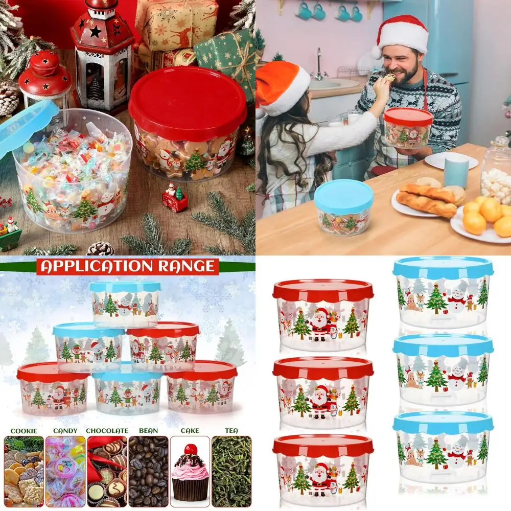 

6 Pack Holiday Cookie Storage Containers with Lids - Festive Santa & Snowman, Red & Blue, Reusable for Cookies, Snacks & Candy