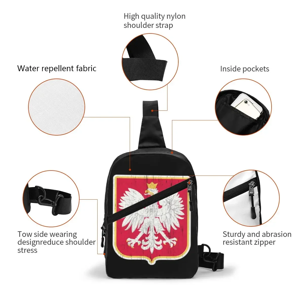 Polska Polish Coat Of Arms Eagle Sling Chest Bag Custom Poland Flag Shoulder Crossbody Backpack for Men Cycling Camping Daypack