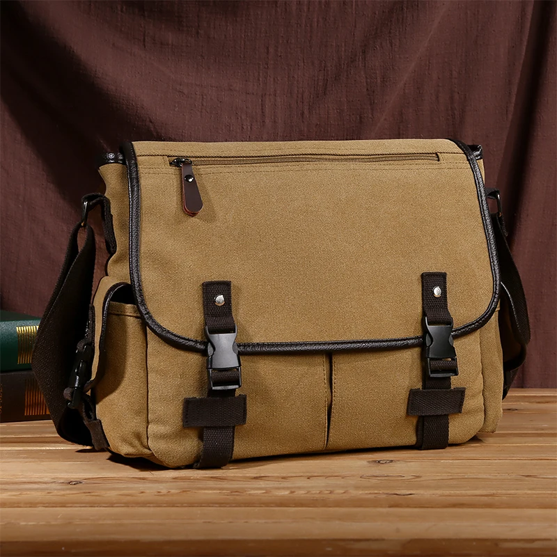

Retro style canvas crossbody bag, large capacity shoulder bag, multi pocket mailman bag, briefcase
