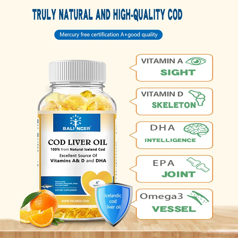 Cod Liver Oil Capsules Vitamins A & D and DHA Support Stress Relief, Strengthen The Brain, Bones,Improve Memory and Intelligence