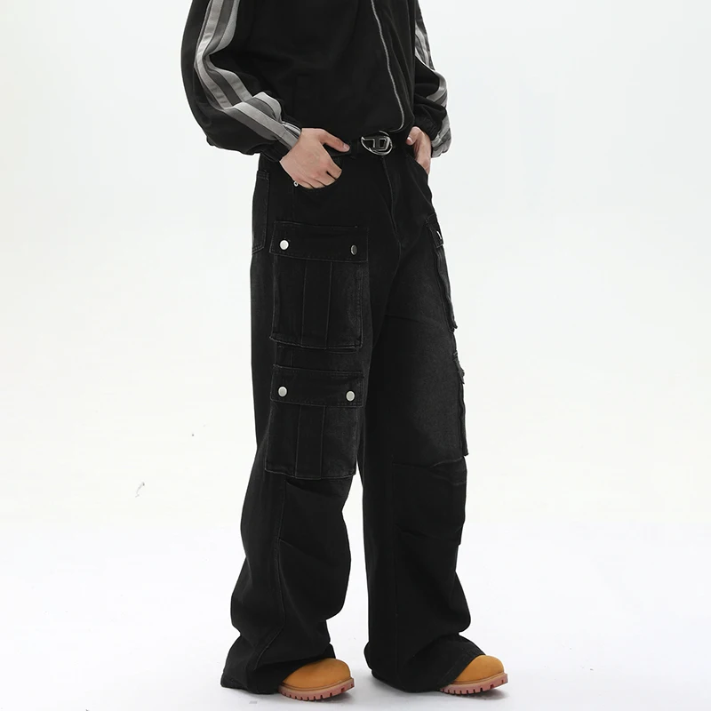 LUZHEN Fashion Vintage Washed Straight Jeans Men 2025 New Buttoned Decorate Multi Pockets Design Loose Cargo Denim Pants JY3765