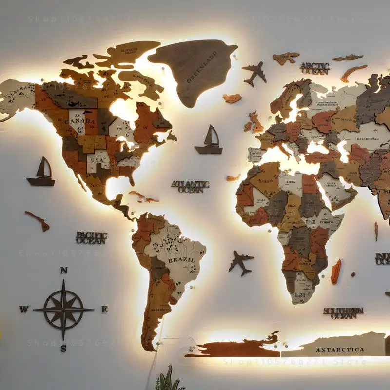 World Map Light. Luminous Map, Solid Wood Three-dimensional Wall Decoration, Creative Livin Background