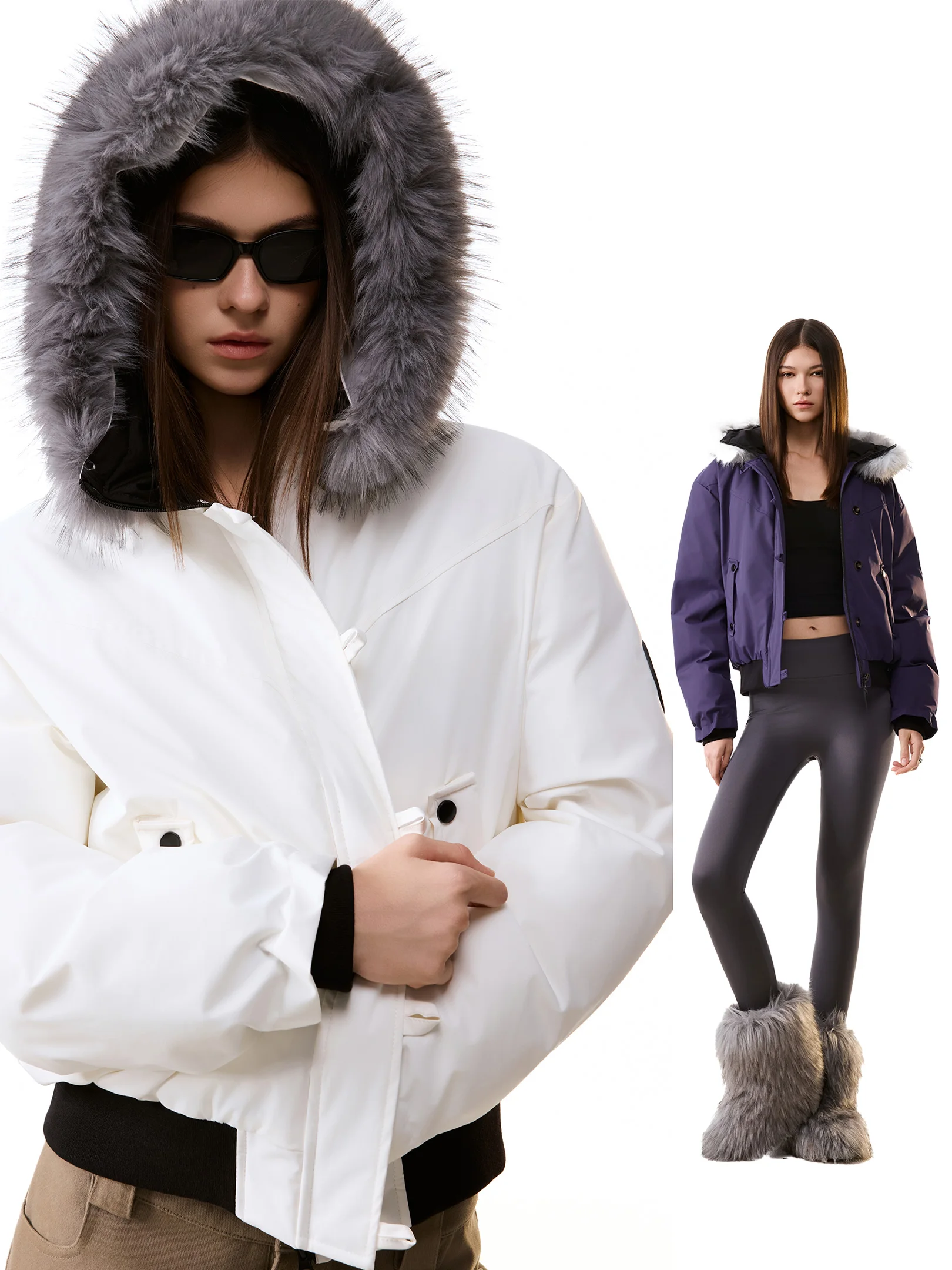 Ich Mode Women's Cotton Parka Coat with Large Fur Collar Color Block Design Winter Warm Casual Style Short Length Zipper Closure