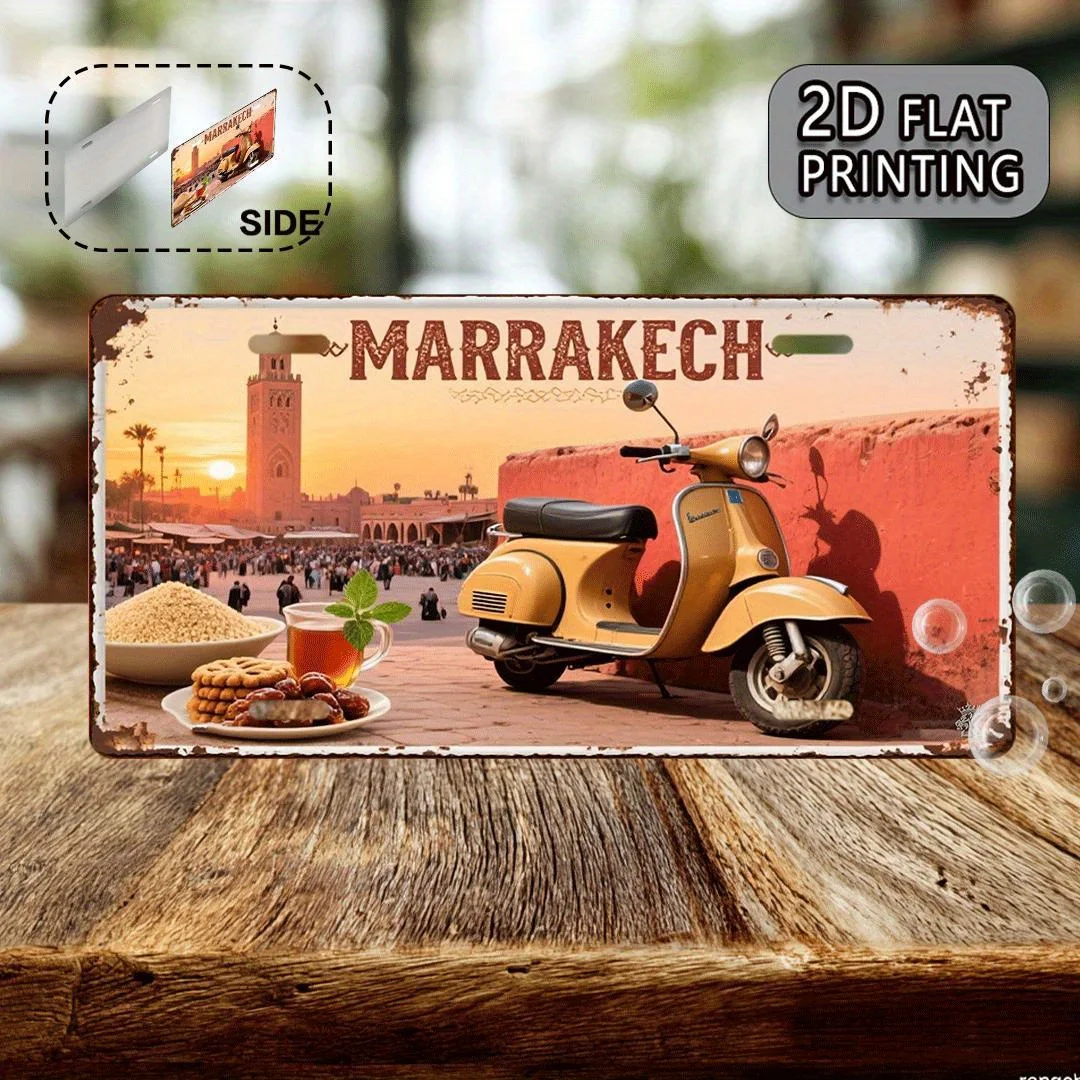Marrakech Morocco Vintage Rustic 2D Flat Printed License Plate Aluminum Metal Painting High Definition Clear Print Bend Resistan view 6