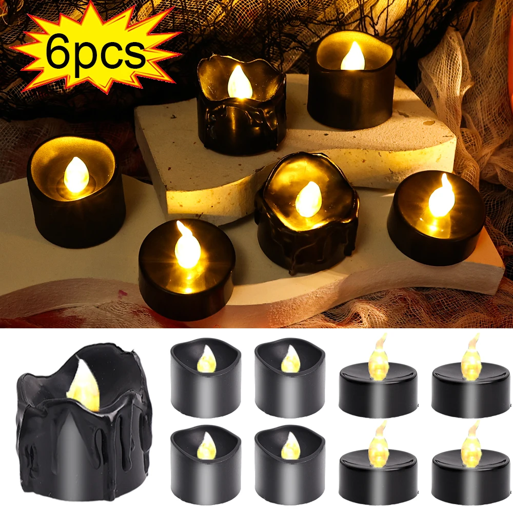 1/6PCS Black LED Electronic Candles Flameless Battery Operated Night Lights Halloween Xmas Wedding Party Decoration Lighting