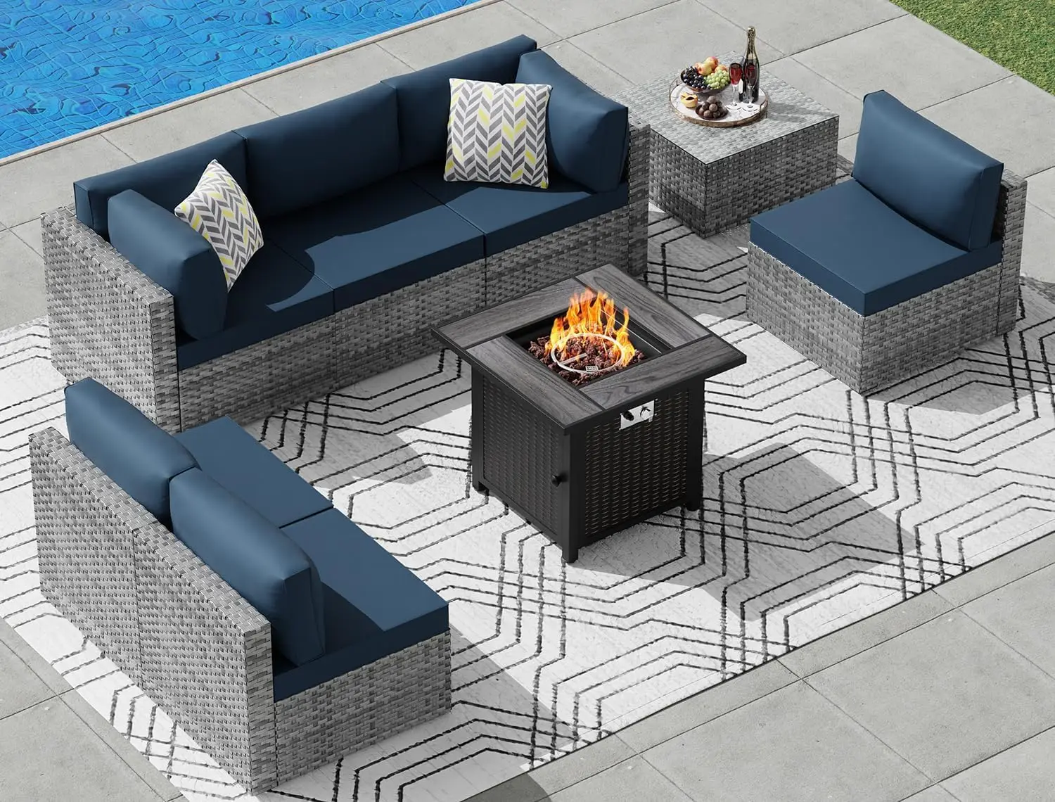 

Wicker Patio Furniture 8 Pieces Conversation Sets with 30"/ 45" Fire Pit Table,Rattan Sofa Set with Washable Cushions，Table