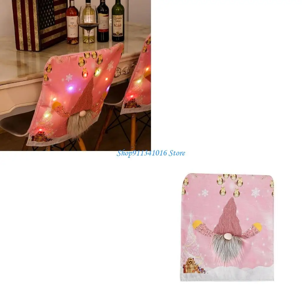 Christmas Faceless Gnome Chair Cover LED Light Pink Chair Back Slipcover Decor