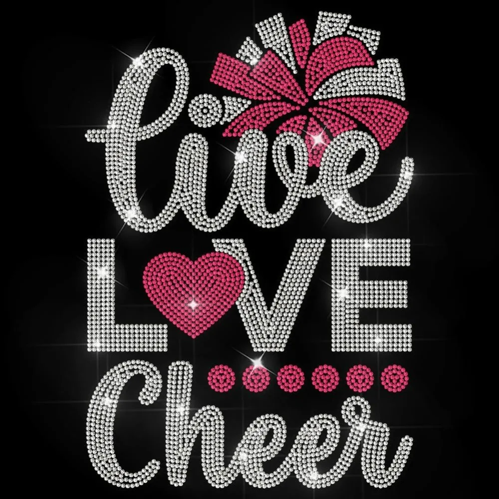 Live Love Cheer Rhinestone Iron on Decal Cheerleader Ball Hotfix Transfer Sticker Lucky Word Heat Transfer Patch Bling Clothing