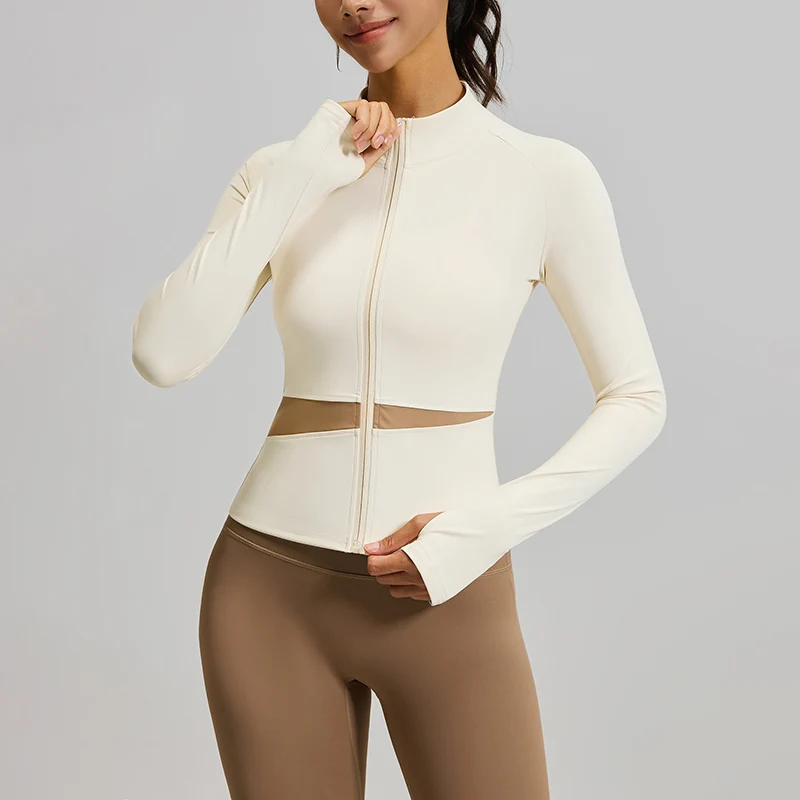 Contrast Color Patchwork Fitness Yoga Jackets Women Full Zipper Stand Collar Sportswear Woman Stretch Slimming Workout Clothes