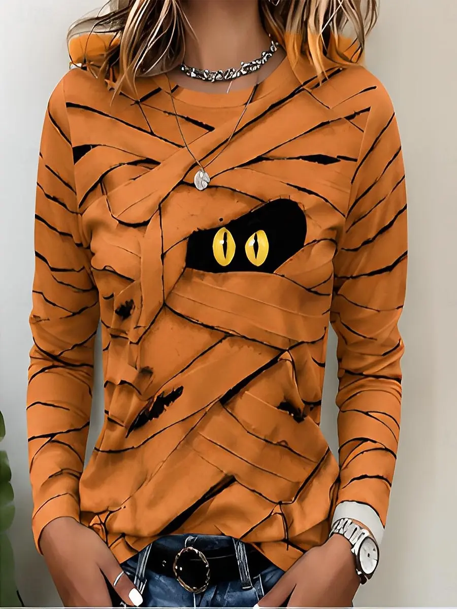 Women Halloween Mummy Printed T-Shirt Long Sleeve Crewneck Loose Tops Casual 3D Print Graphic Funny Party Shirts Women Clothing