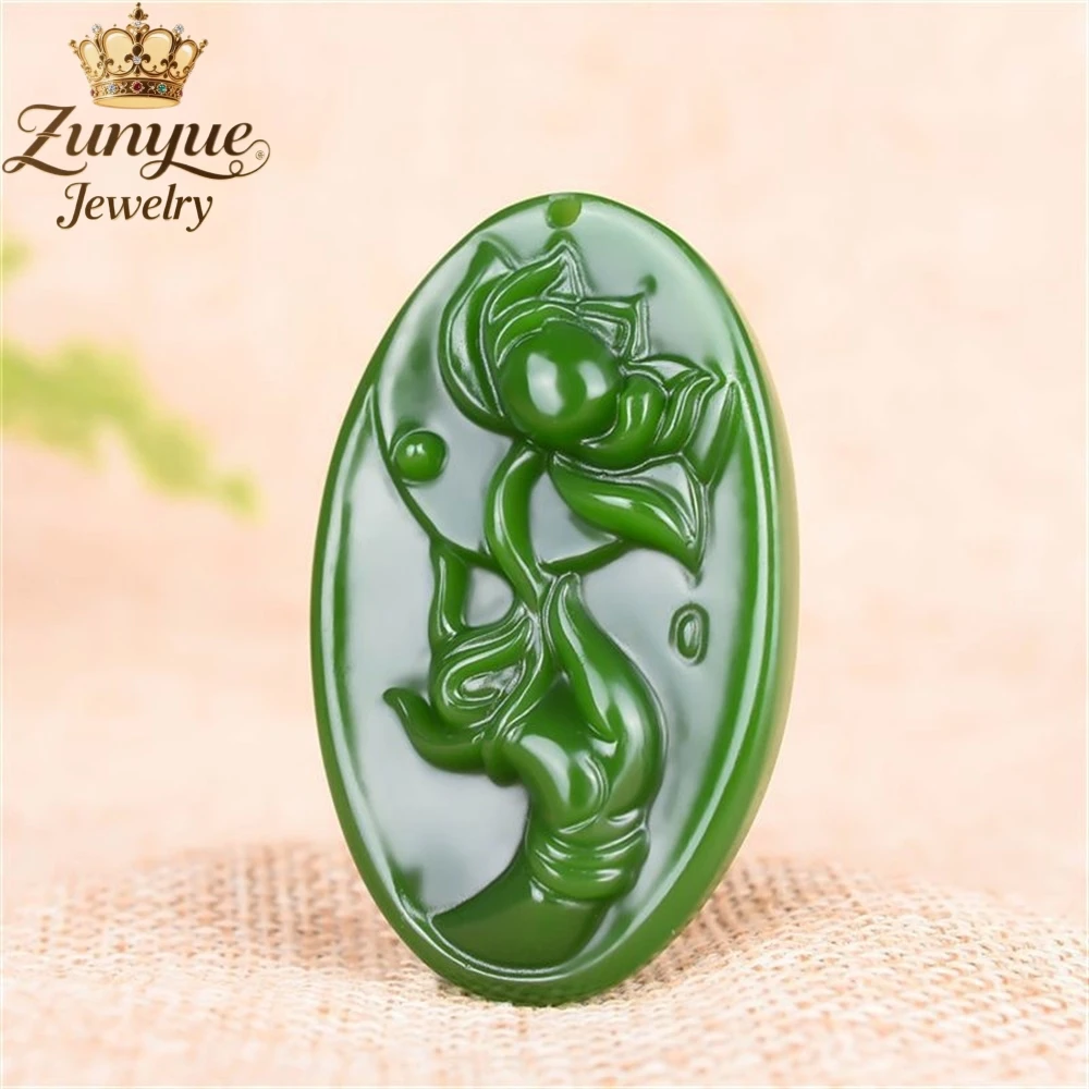 

Natural Hetian Jade Spinach Green Licky Lotus Pendant Luxury Quality Jewelry Fashion Jewelry Handicraft Exquisite Charms Elegant
