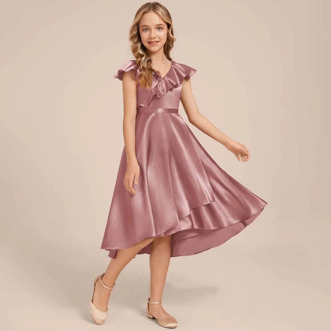 

GIOIO A-line V-Neck Asymmetrical Stretch Satin Junior Bridesmaid Dress Flower Girl Dress Party Wedding