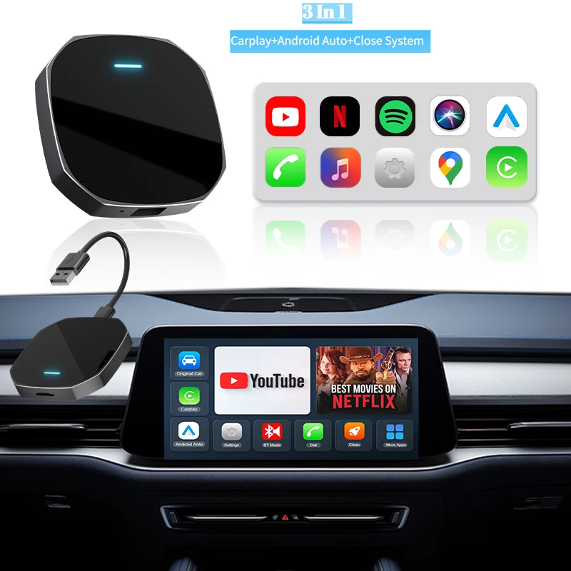 Adaptador Auto Android sem fio Carplay, Smart Mini Box, Plug and Play, conexão rápida, Universal para Nissan, BT5.0 Wifi, 3 em 1