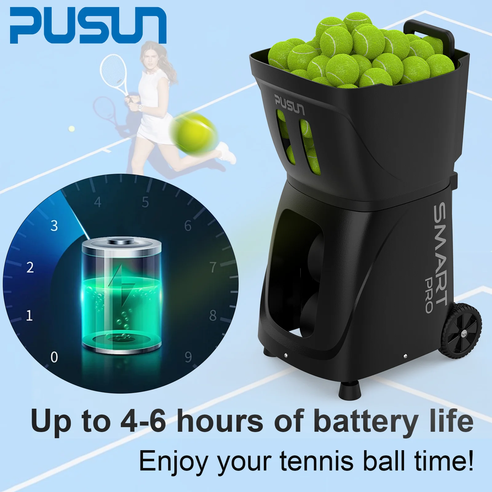 PT-SMART PRO New Arrivals PUSUN Tennis Ball Machine Launcher Equipment For Training Practice With APP Remote Control.