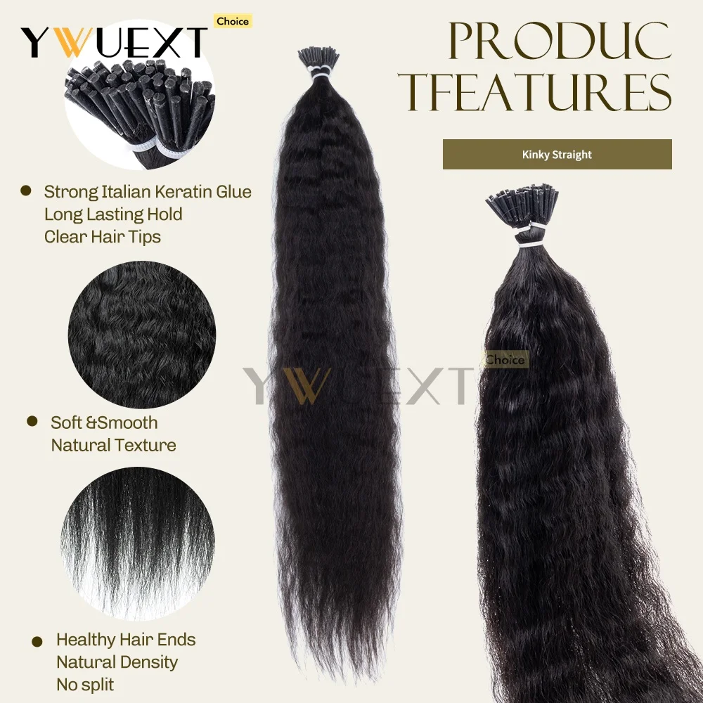 Kinky Straight I Tip Hair Extensions Real Human Hair 12-24 Inches Natural Black Color 1B#  Invisible Keratin Stick I Tip Hair