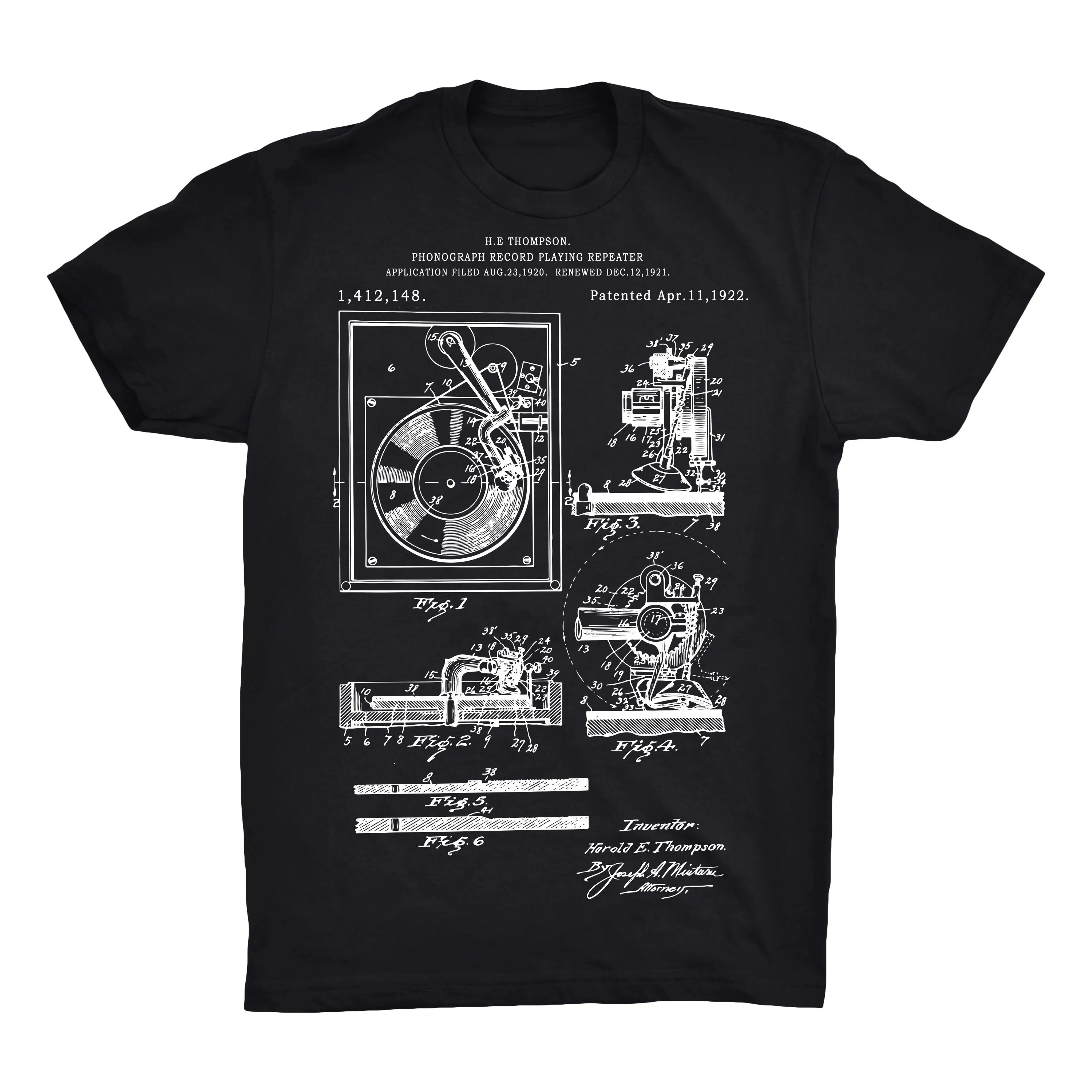 Record Player Patent T Shirt On Black Red White or Gray 100 Soft Premium Cotton and Comfy