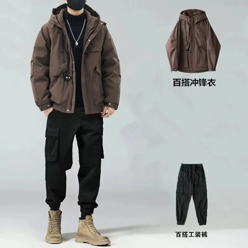 Jacket Windproof Jacket Trendy Brand Tooling Casual Jacket Men's Set Matching Suit Handsome Three-piece Set