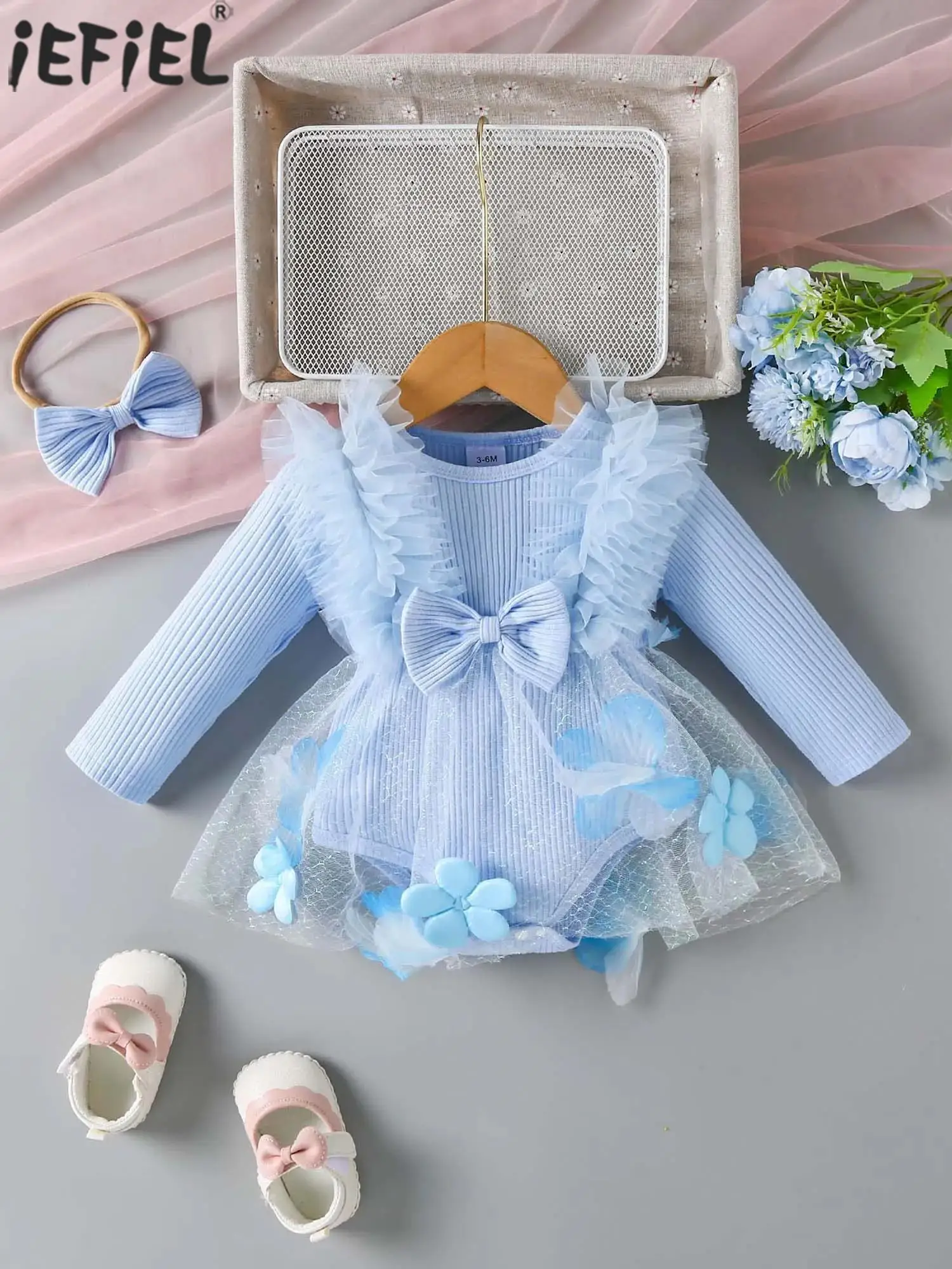 

Платье принцессы для новорожденных девочек, милый тюлевой комбинезон с 3D цветами и бантом, платья с повязкой на голову для фотографии на день рождения