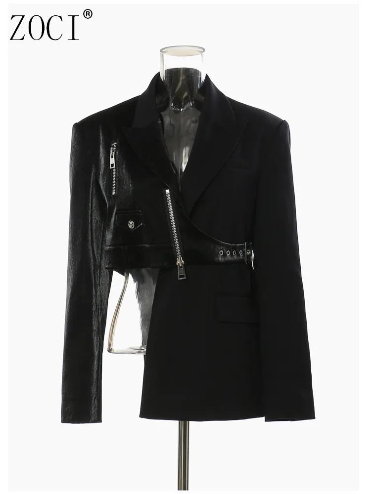 

ZOCI Irregular Women's Blazers Leather Patchwork Suit Jackets Punk Style Female Unique Design Coats Notched Collar 2025 Spring