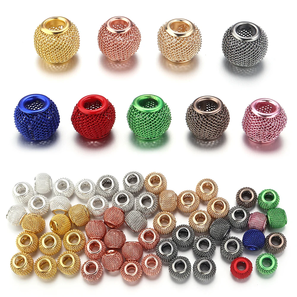 10pcs/lot 10x12mm Big Hole Round Ball Metal Beads Mesh Net Loose Spacer Beads For DIY Jewelry Making Bracelet Necklace Supplies