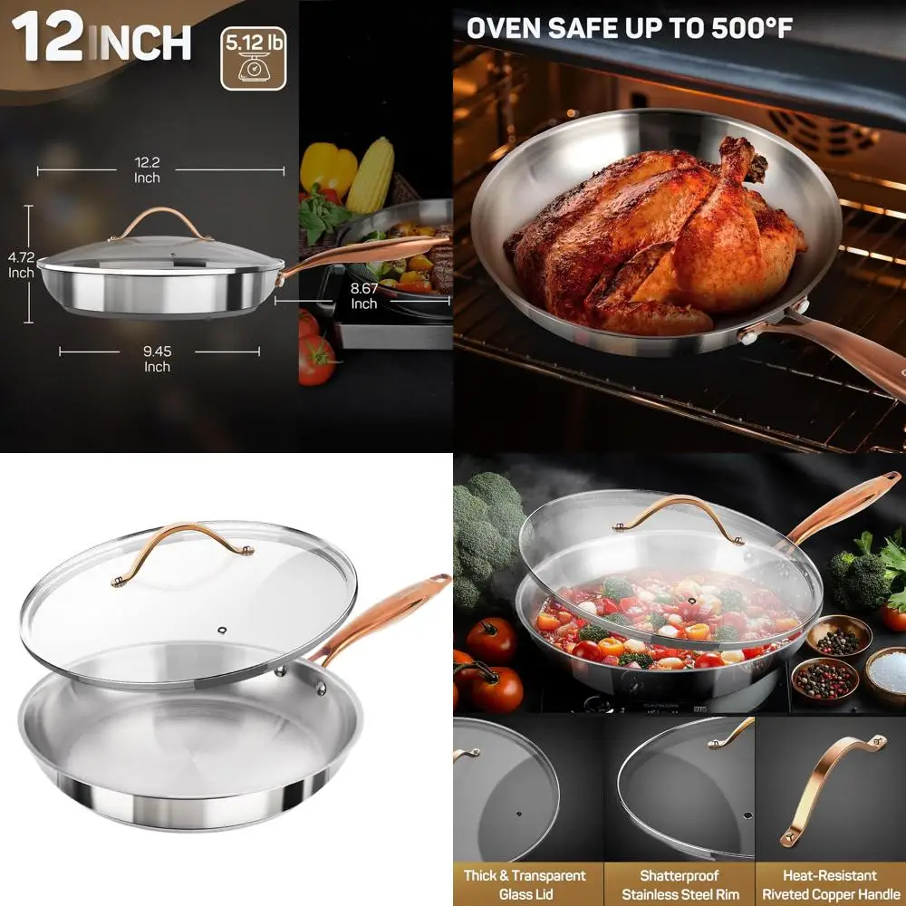 

Professional 12 Tri-Ply Stainless Steel Pan with Lid, Compatible with All Cooktops, Oven and Dishwasher, Non-Stick, Even Heat Di