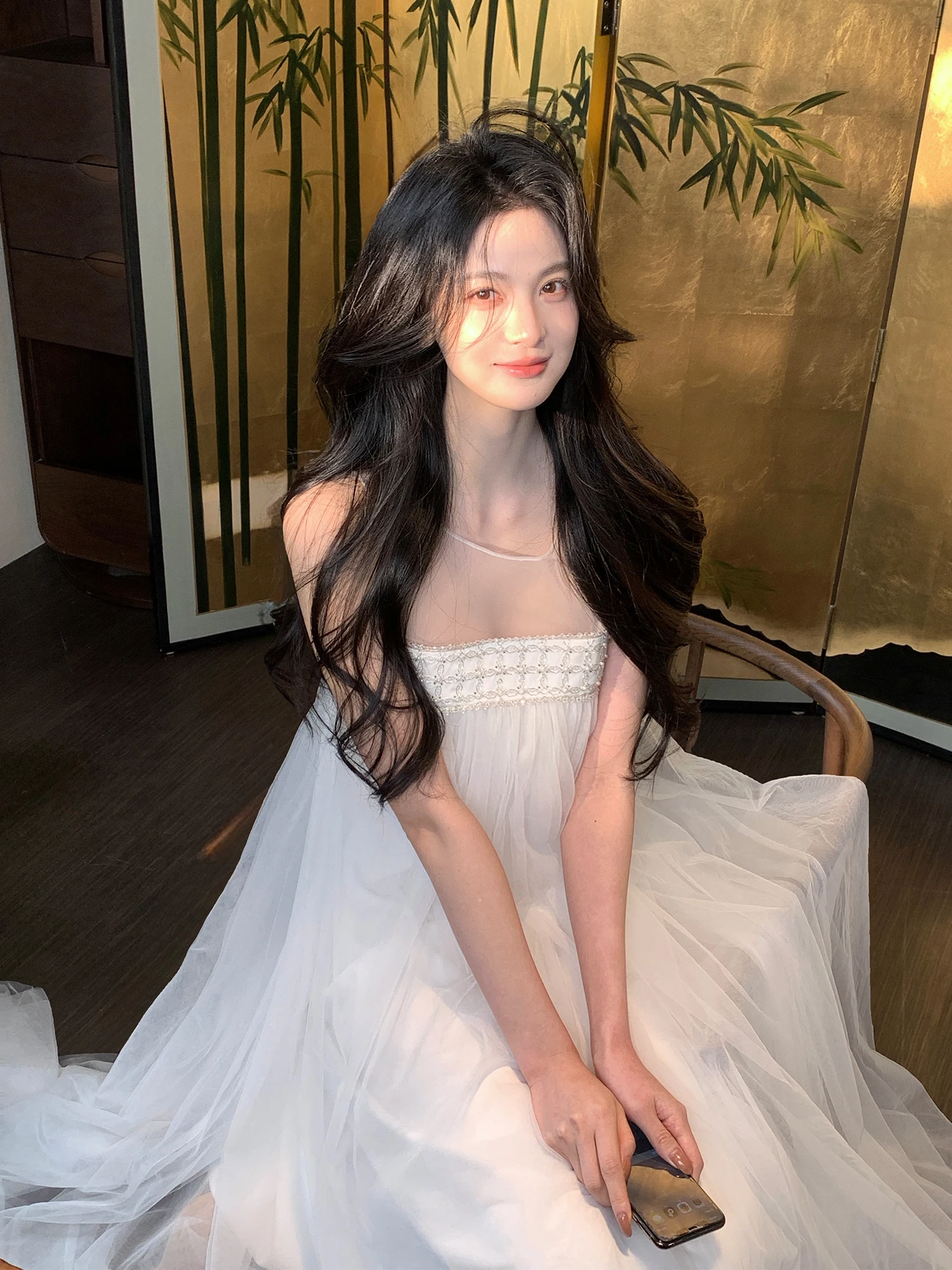 

Белое платье Ele White Svel Me с бисером, двойная версия, с завышенной талией, А-силуэт, для свиданий, путешествий, повседневной носки, выступлений на сцене