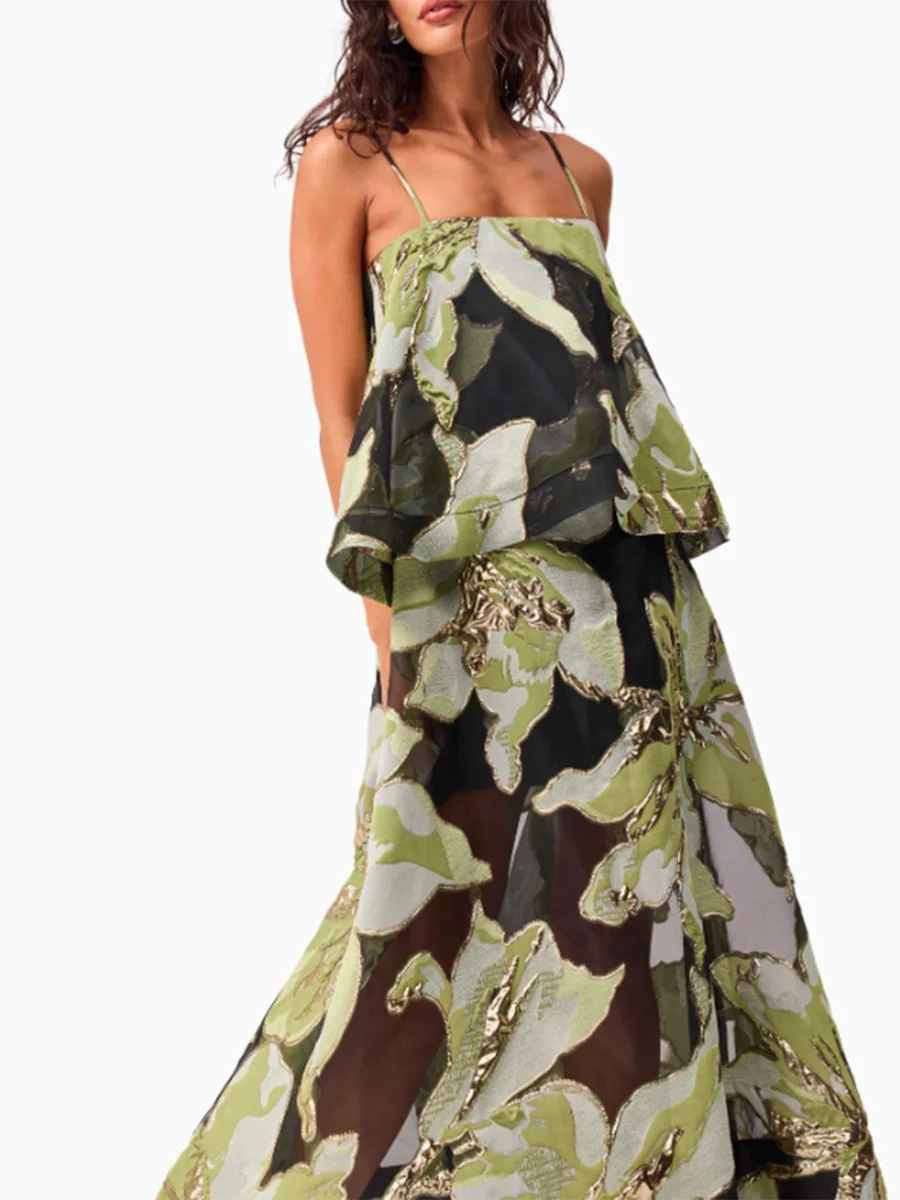 TWOTWINSTYLE Hit Color Printing Dresses for Women Square Collar Sleeveless High Waist Loose Elegant Dress Female Fashion Clothes