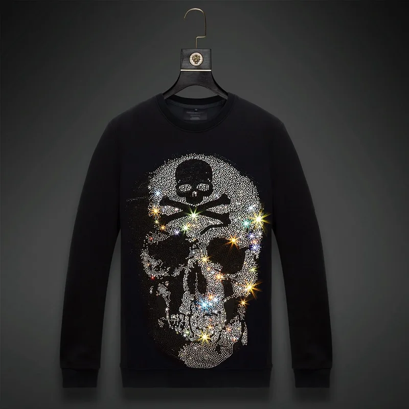 

2023 Men skulls Rhinestones Hoodie Sweatshirt Fashion Streetwear Full Pullover Hoodie Black O Neck Cotton Mens Autumn Clothes