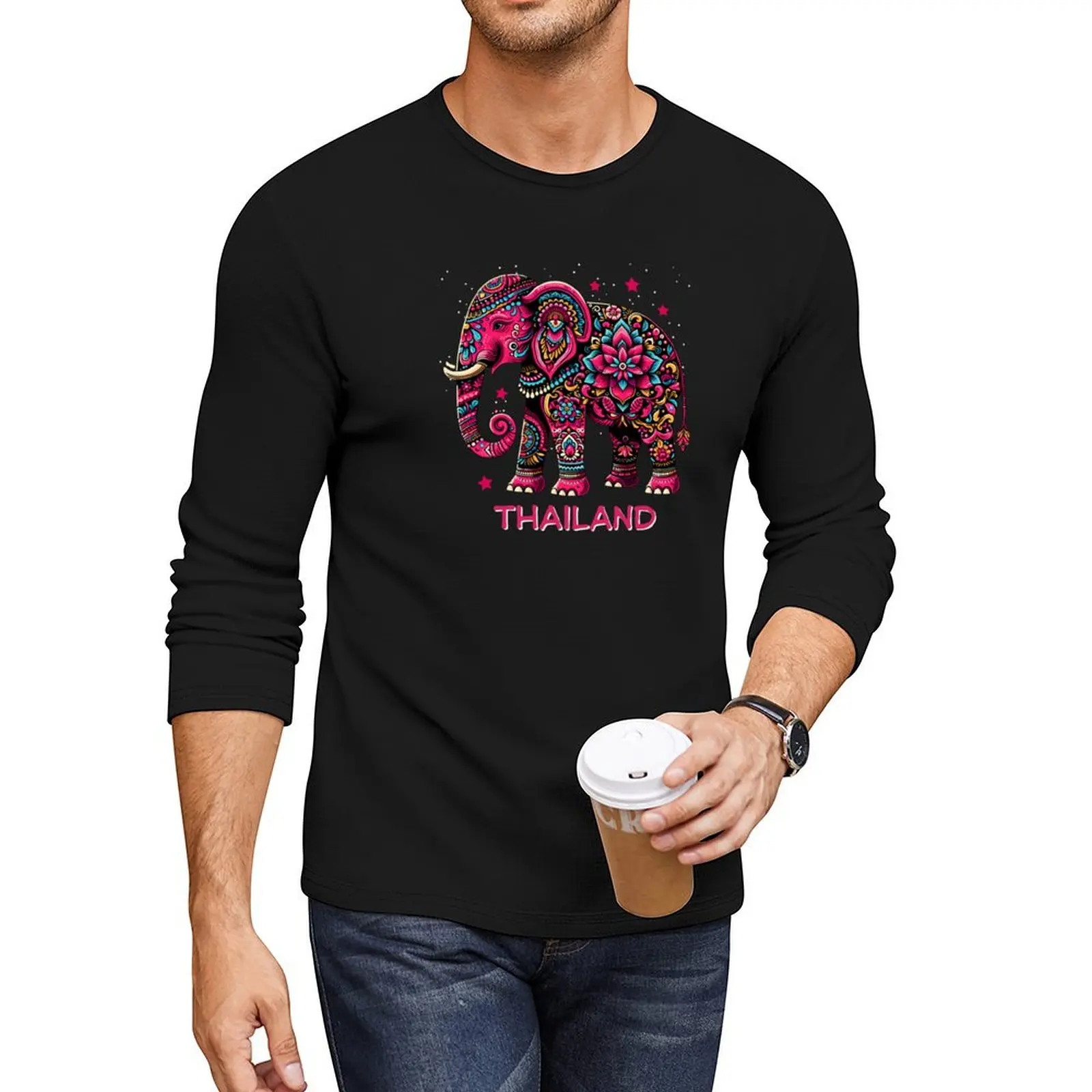 Colorful Thailand Elephant, Boho Mandala Travel Long T-Shirt cute clothes funny t shirts black t shirts for men