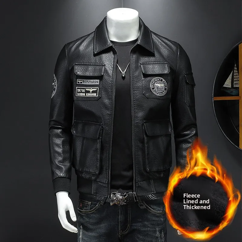 

Мужская повседневная тонкая кожаная куртка с мотоциклетным длинным пальто на молнии, зимняя модная молодежная верхняя одежда с воротником-стойкой