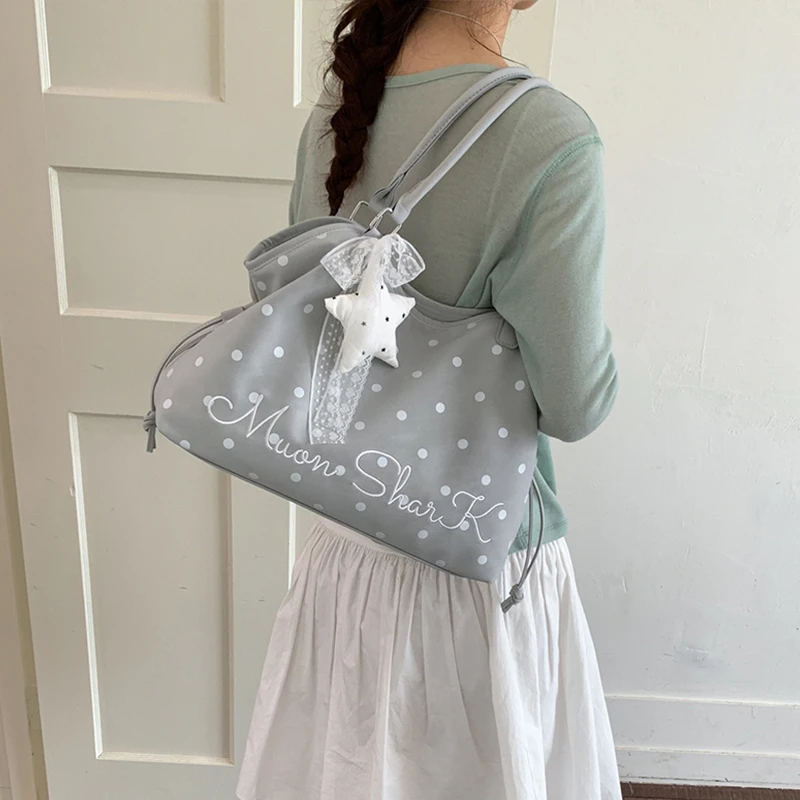 Polka Dot Star Pattern Canvas Tote Bag Commuter Casual Large Capacity Shoulder Underarm Bag Shopper Bag With Pendant Accessory view 3