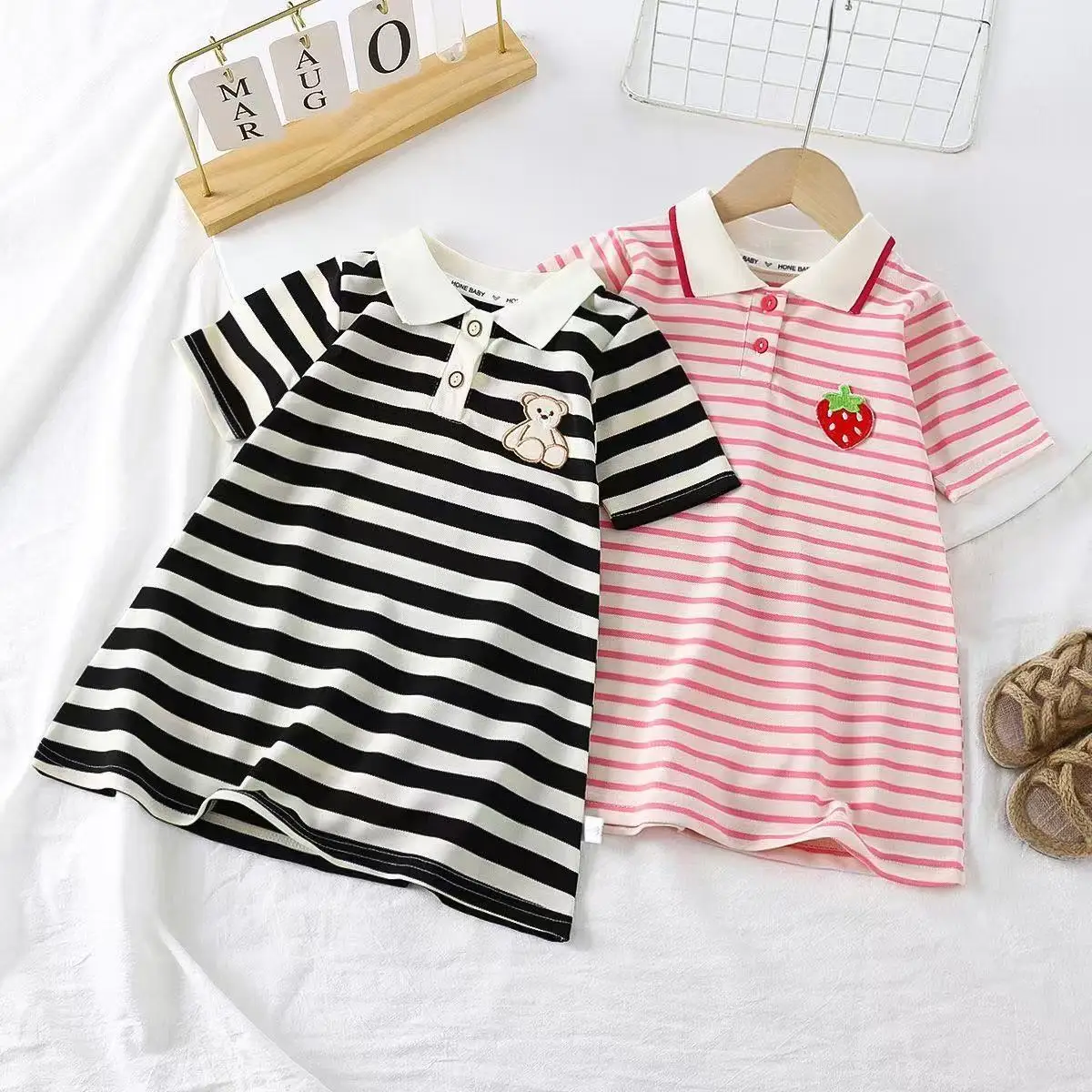 Girls Stripe Bear Polo Dress Summer Short Sleeve Flip Collar Baby Academy Style Trendy Dress Girls Aged 2-10