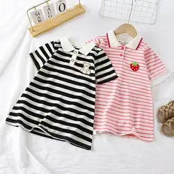 Girls Stripe Bear Polo Dress Summer Short Sleeve Flip Collar Baby Academy Style Trendy Dress Girls Aged 2-10