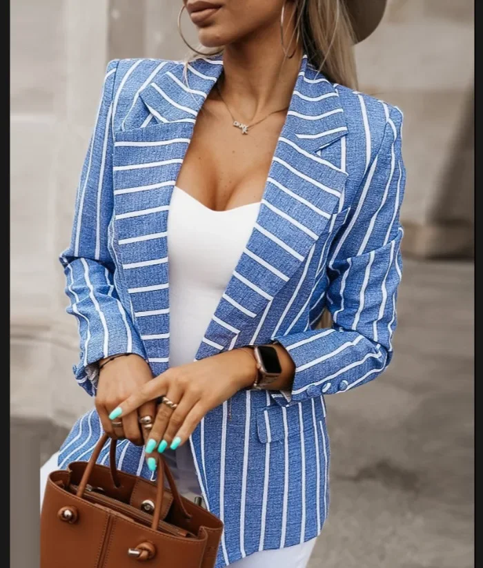 Blazer formel à rayures bleues pour femmes, manches longues, bouton unique, veste mince, vêtements de travail d'affaires, manteau féminin, mode pour dames, nouveauté