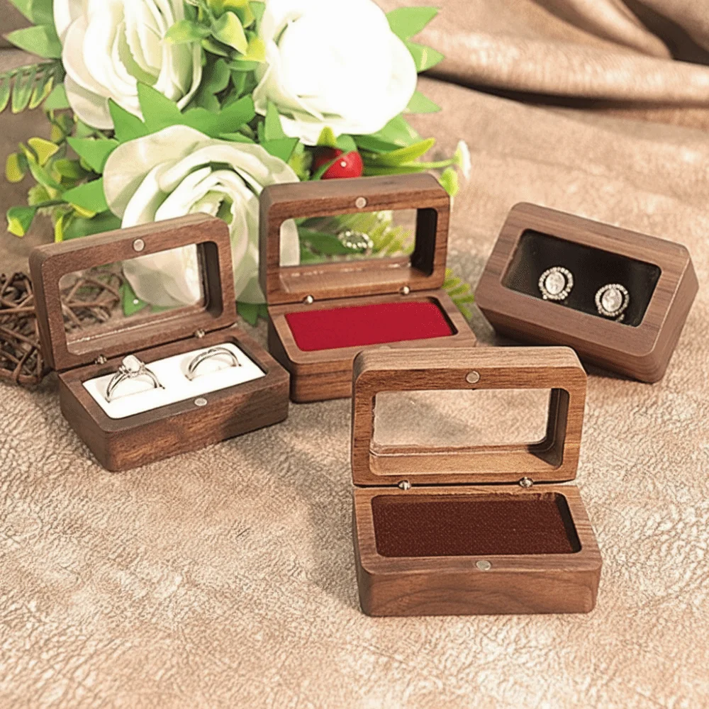 

High-quality Wooden Jewelry Box Rectangular Opening Window Lover Ring Display Box Retro Storage Holder Love Gift