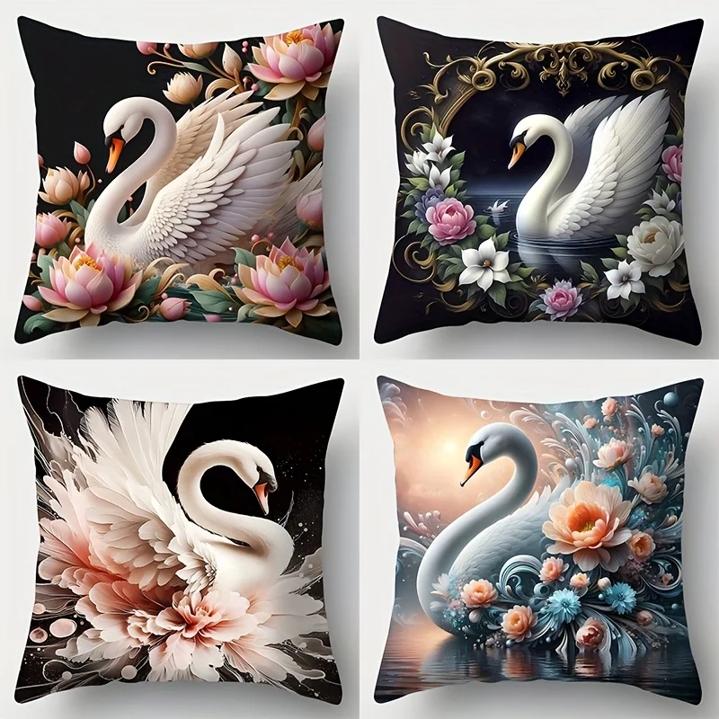 Elegant Swan and Peony Floral Print Pillow Covers Set 4pcs Square Throw Cushion Luxury Bedding Decor 40x40cm