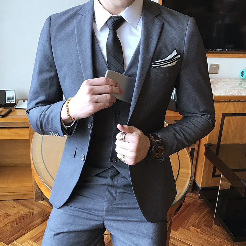 

Men Suit Outfit Autumn Solid Color Long Sleeve Blazer Men Single-breasted Vest Straight-leg Pant Male Business Three-piece Suits