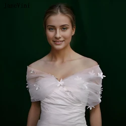 JaneVini New Romantic Women Tulle Bolero White Bridal Cloak Flower Appliques Summer Wedding Cape Female Evening Party Shawl Wrap