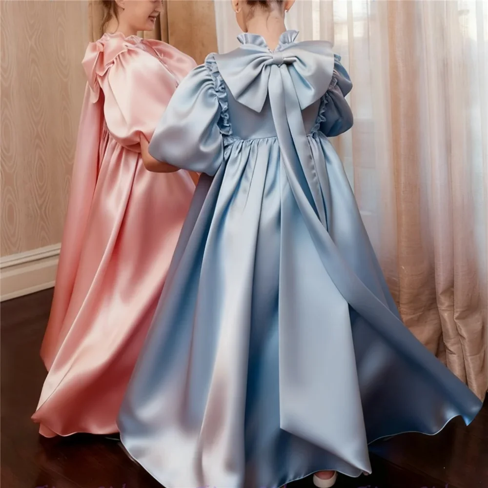 Custom light luxury dress women wedding guest gown girls wedding gown birthday party pageant puff sleeve ruffle big bow satin
